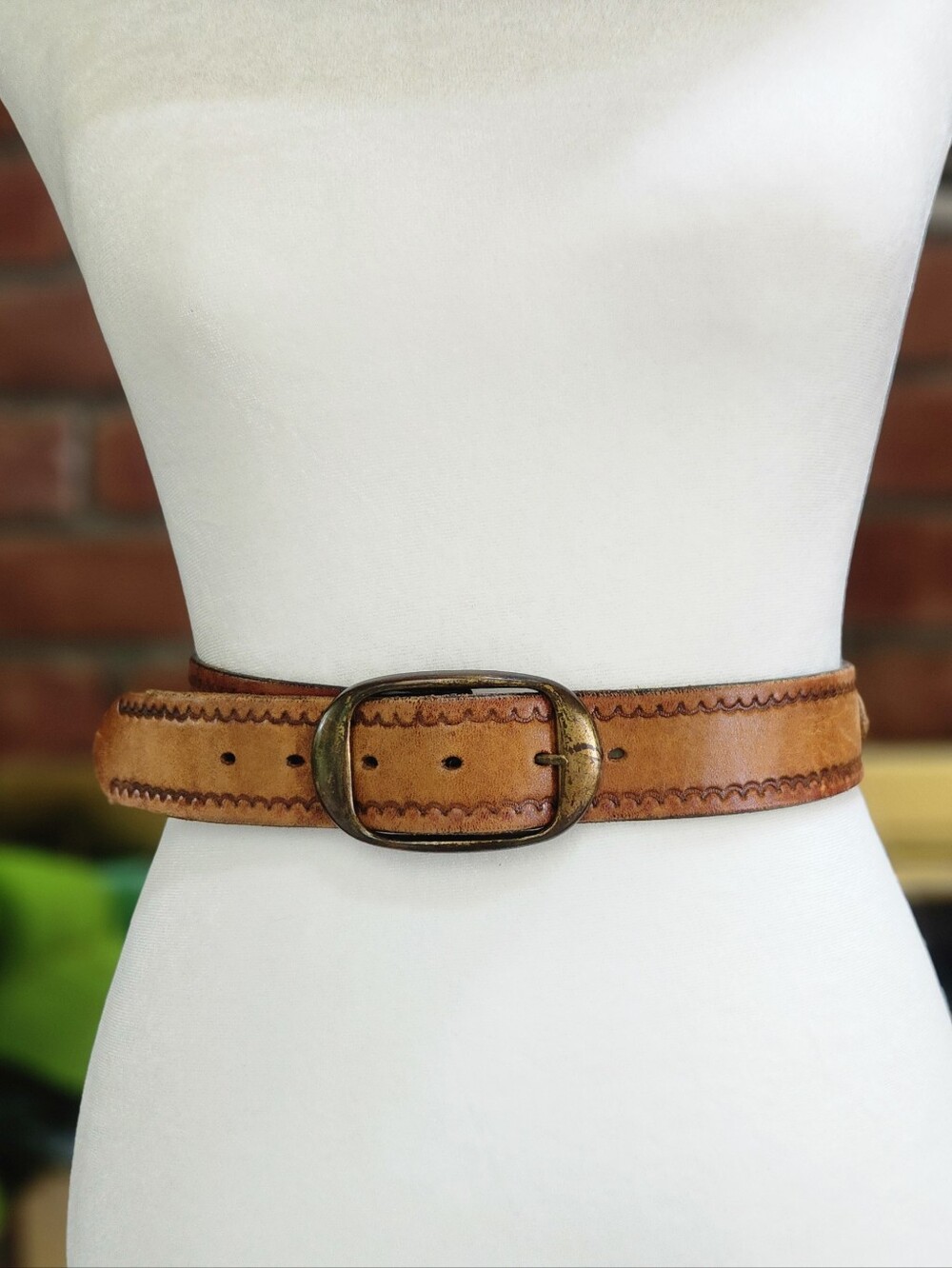 Vintage Brown Leather Western Belt Woven Southwestern Boho Brass Buckle